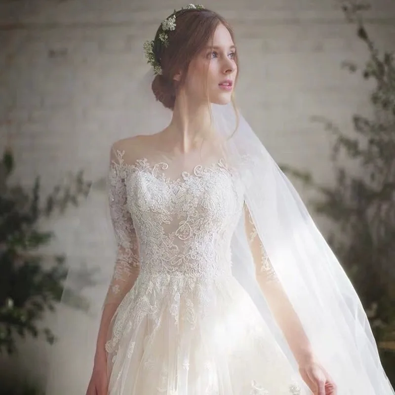 

Light Wedding Dress 2025 Bride Lace Long Sleeved Bunsen Skinny Shoulder Trailing Main Yarn Formal Women Elegant Evening Dresses