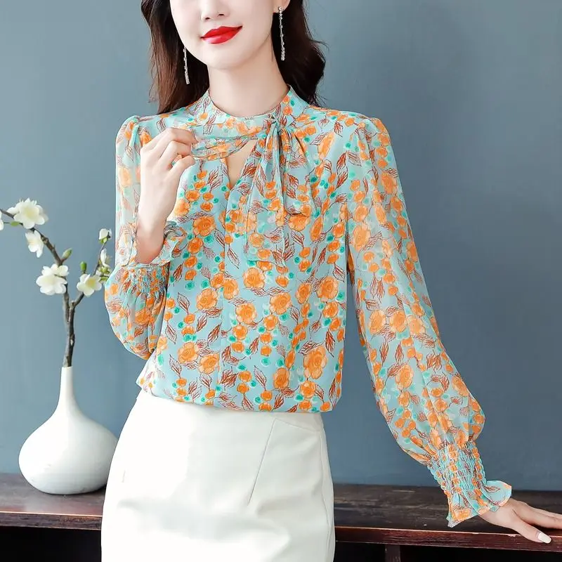 Women Clothes Vintage Floral Print Hollow Bow Elegant Blouses Spring Summer Long Sleeve Sweet Chic Shirts Blusa Mujer Moda 2023