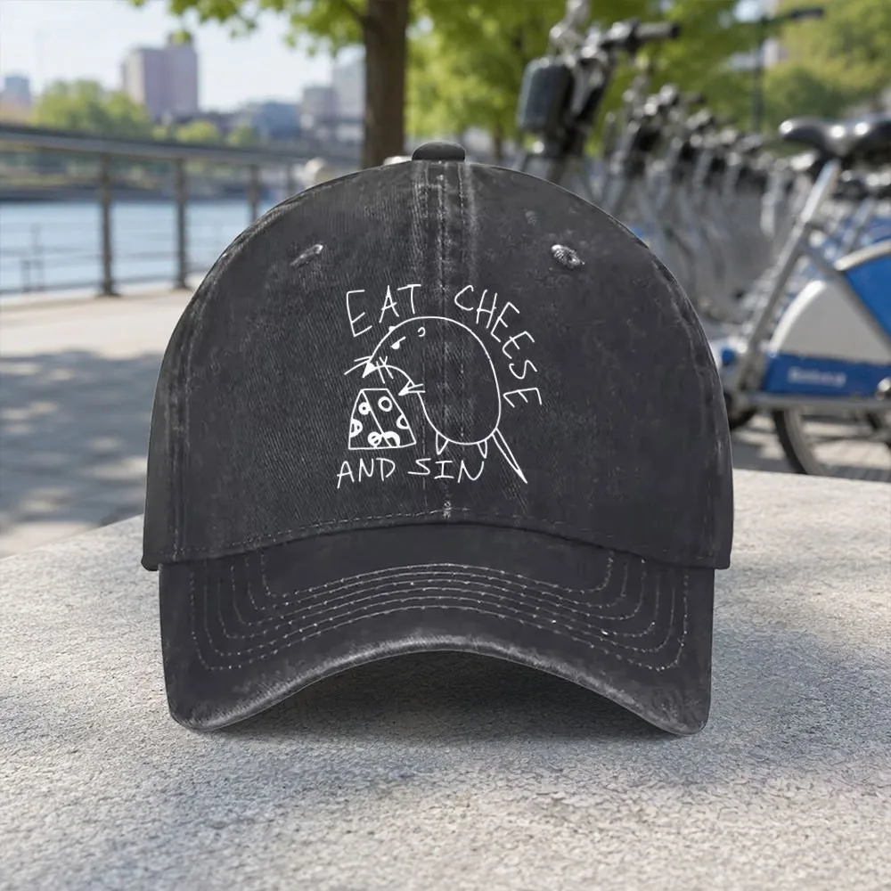 Eat Cheese and Sin Mouse Graphic Washed Denim Baseball Cap Unisex Casual Outdoor Hat