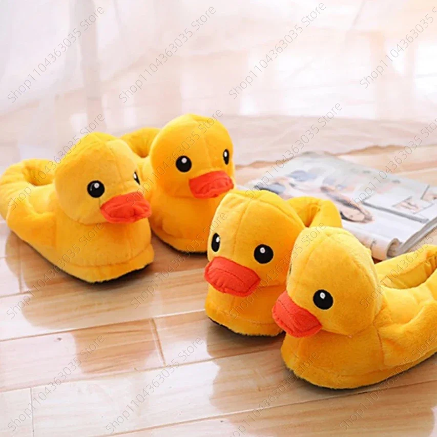 

Autumn Winter Cartoon Yellow Duck Fuzzy Slippers Cute Plush Doll Home Bedroom Slides Warm Ankle Wrap Cotton Shoes Indoor Female