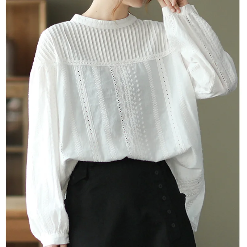 

Women's elegant blouses 100% cotton embroidery hollow out white black shirts ladies office wear women long sleeve tops ZT209