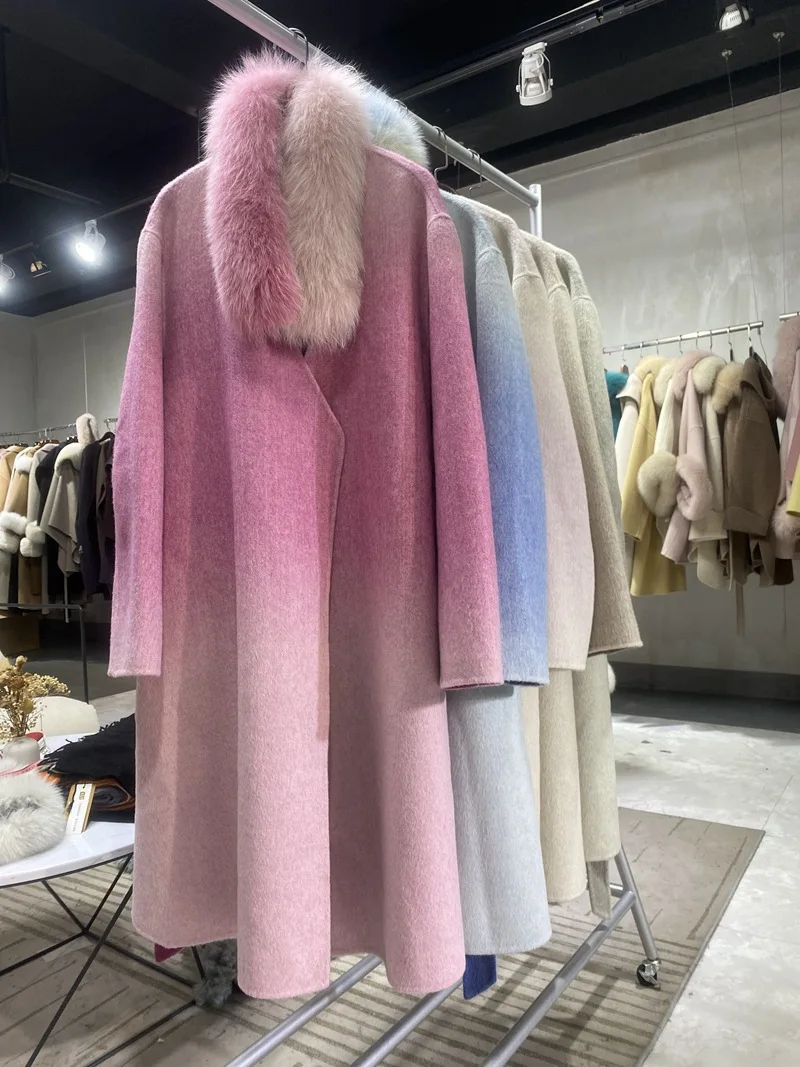 

Double-sided Cashmere Coat Women 2023 New Autumn Winter Office ladies Long Gradient Color Woolen Coat Overcoat Y4408