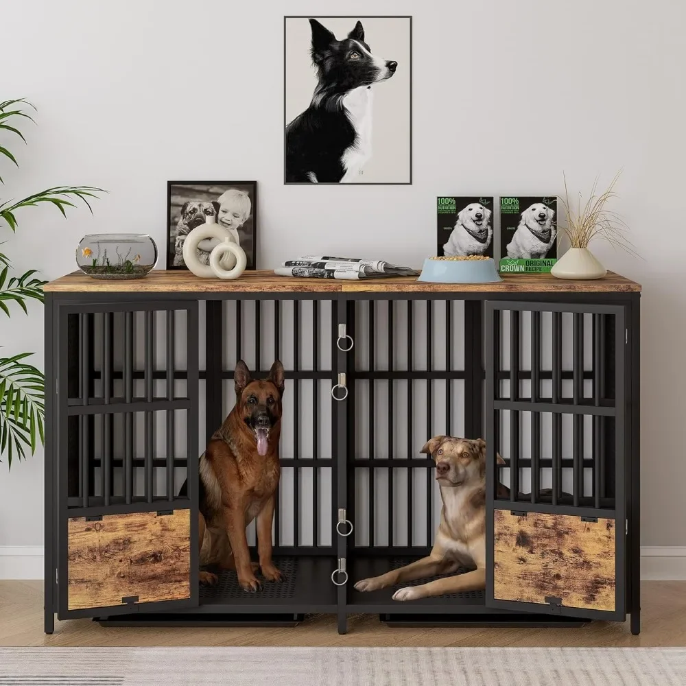 

Dog Crate Furniture, 63 Inch Heavy Duty Double Dogs Crate with Divider, Extra Large Dog Kennel Furniture with Removable Trays