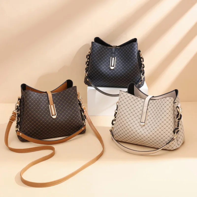 Fashion Bucket Shoulder Bags for Women PU Leather Crossbody Bag Casual Messenger Handbag Embroidery Thread Armpit Bag