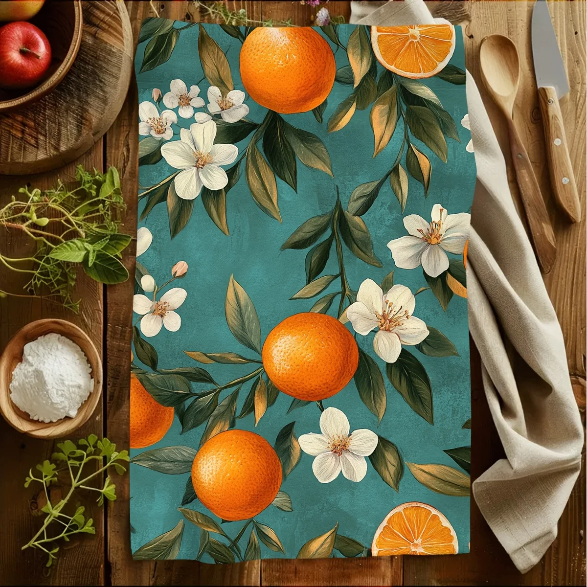 1pc Orange Blossom & Citrus Printed Scrub Cloth,Soft Absorbent Kitchen Hand Towel,Perfect for Kitchen,Dining Room,Bathroom, Dorm