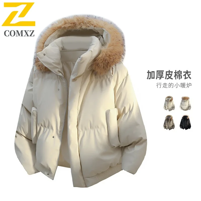 

COMXZ New Winter Cotton Padded Coat Men's Plush Lined Faux Fur Jacket Oversized Fit Unisex Couple Style Thickened Warm Outerwear