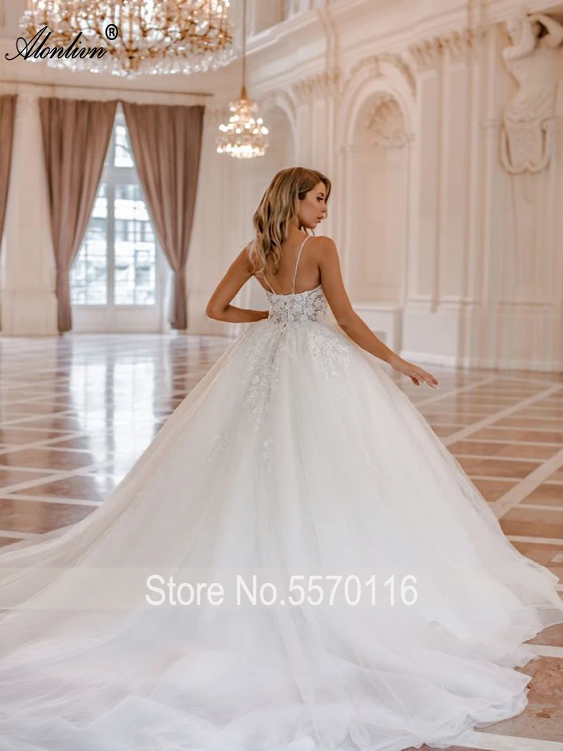 Alonlivn Silky Tulle Sweetheart A-Line Wedding Gowns Sleeveless Beading Pearls Appliques Lace Spaghetti Straps Wedding Dress