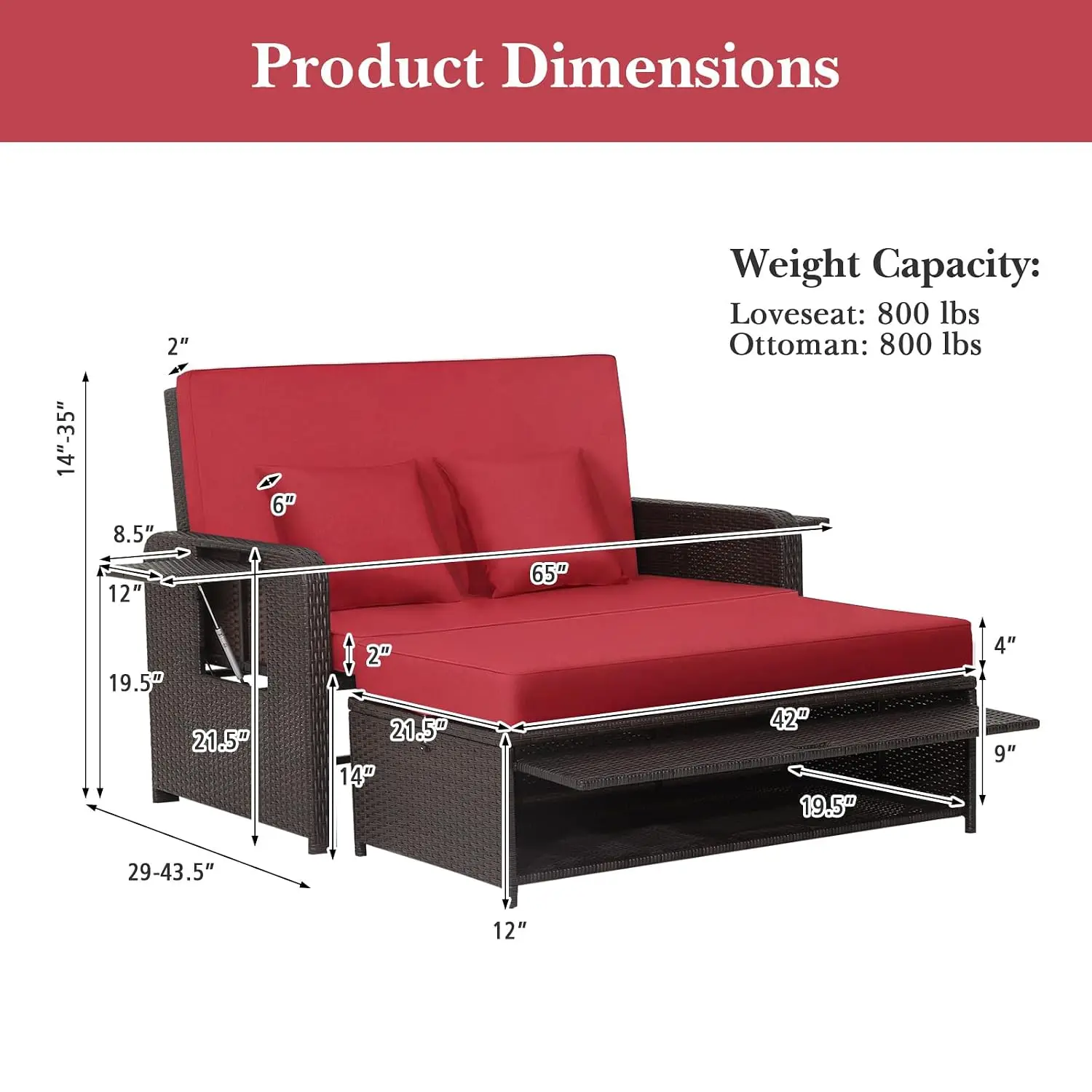 Outdoor Wicker Daybed with Adjustable Backrest, Storage Ottoman & Cushions, Patio Rattan Double Lounger Sofa, Customized
