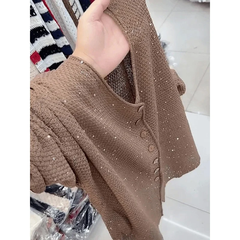 كارديجان نسائي أنيق وبسيط محبوك بياقة على شكل V وأكمام طويلة، فضفاض للخريف، متعدد الاستخدامات بأزرار أمامية للارتداء اليومي