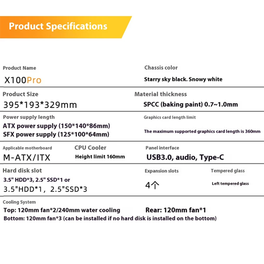 حافظة قطار الطاقة X-Gamerx X100 Pro M-ATX PC جانب شفاف 240 مبرد بالماء TYPE-C ATX SFX مزود طاقة صغير محمول