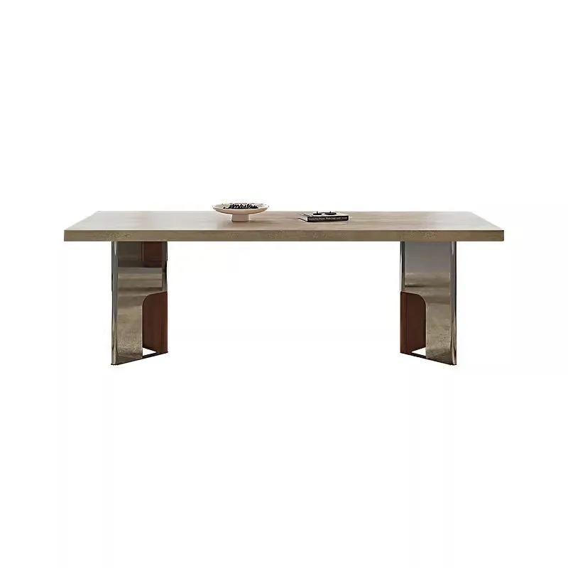

Vintage travertine slate dining table and chairs Solid wood household rectangular dining table