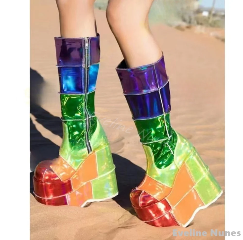 

Multicolor Thick Soled Knee High Boots Women Platform Patent Leather Wedges High Heel Party Boots 2024 Fashion Sexy Long Boots