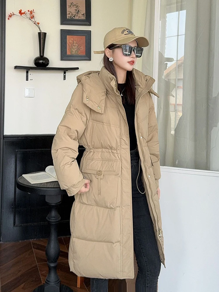 Winter Long Detachable Hooded Parker Down Jacket Female Drawstring Warm Knee Length Outwears Women White Duck Down Jackets Coat