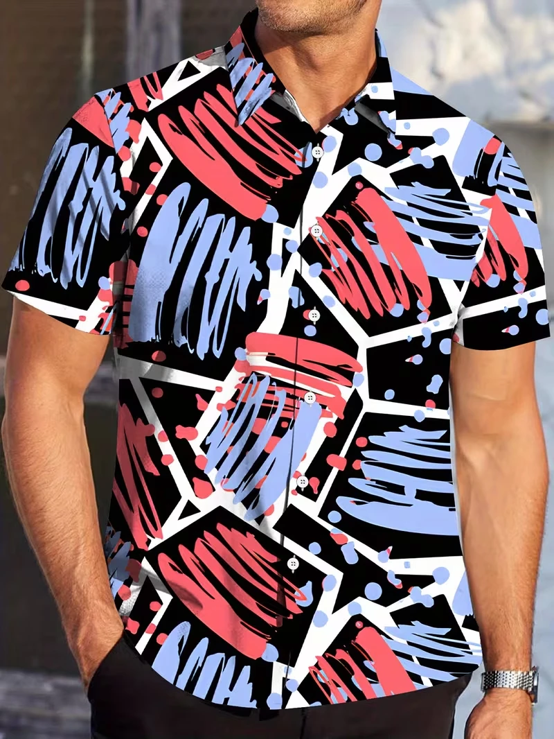 Novas Camisas Masculinas com Estampa Geométrica em Bloco de Cores, Camisa de Manga Curta para Verão, Blusa com Gola Reversível, Tops Soltos para Mulhe