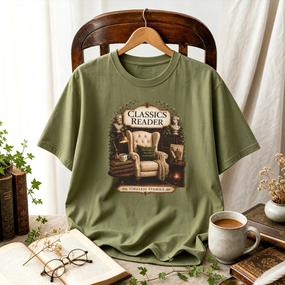 Classics Reader Vintage Book Lover Graphic T Shirt Dark Academia Armchair Reading Art Print Unisex Casual Cotton Bookworm Tees
