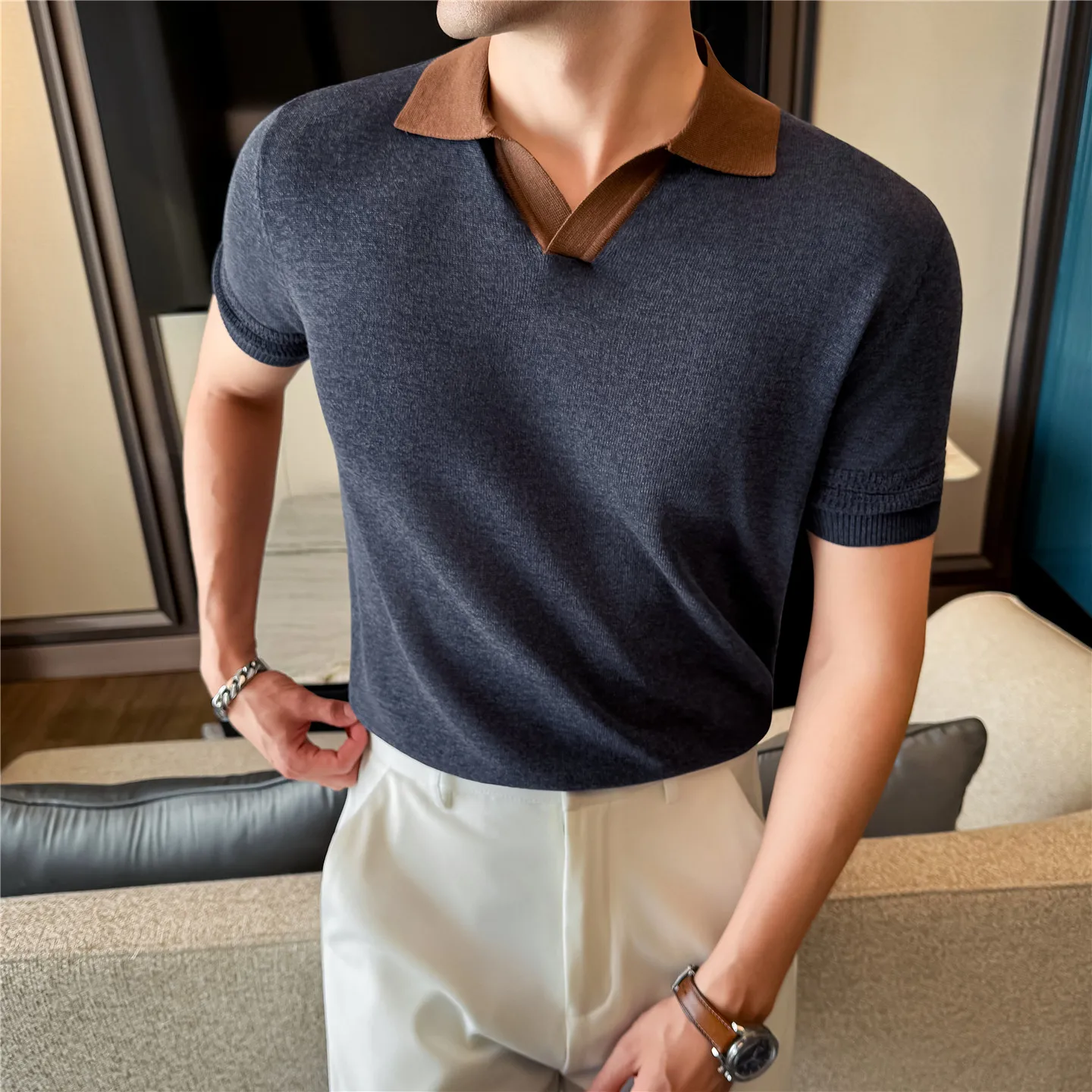 Men's Linen Blend Polo Shirt 2026, Color Block Collar, Minimalist Short Sleeve, Summer Casual Top, S-L