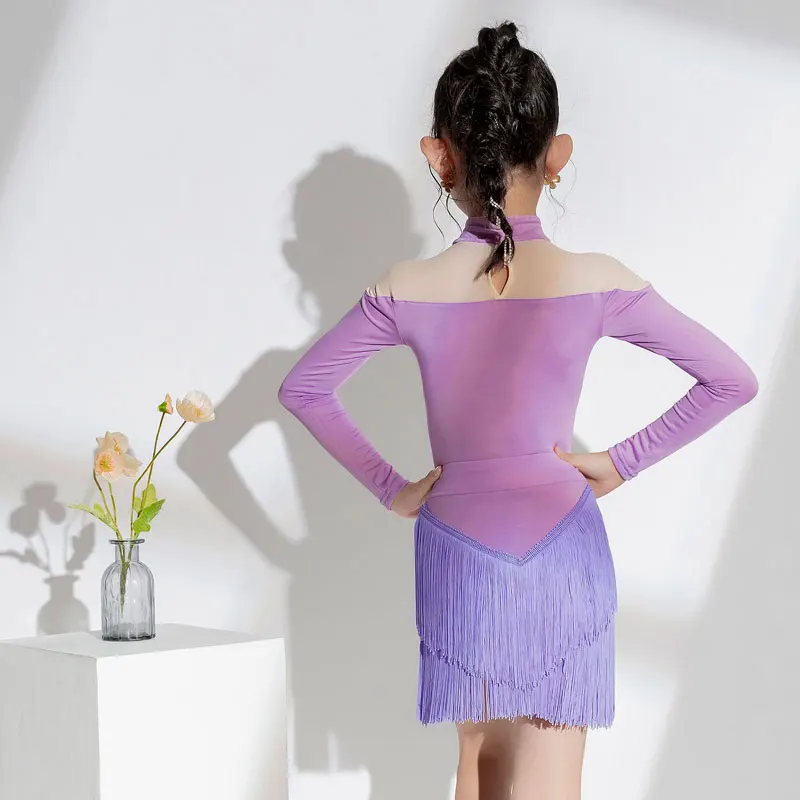 Autumn and Winter Latin Dance Dress for Girls, Long Sleeve Splicing Competition Standard Performance Dress
