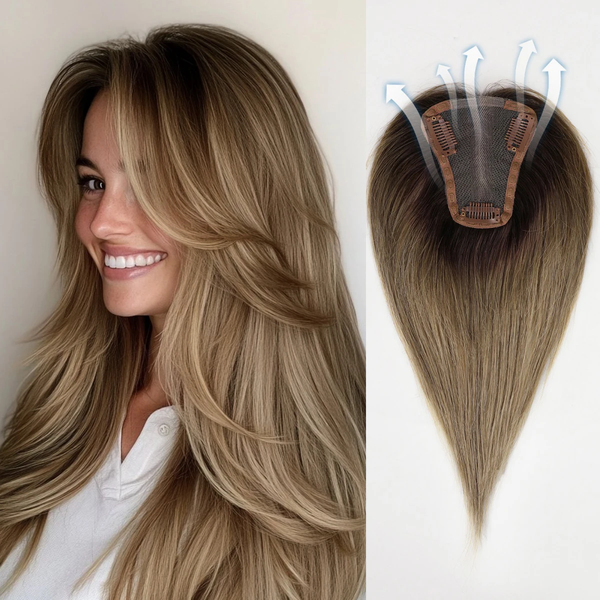 

12-дюймовый светло-коричневый топпер с омбре средней частью, кружевной передний топпер из 100% человеческих волос Remy, накладные волосы с зажимами для наращивания для женщин