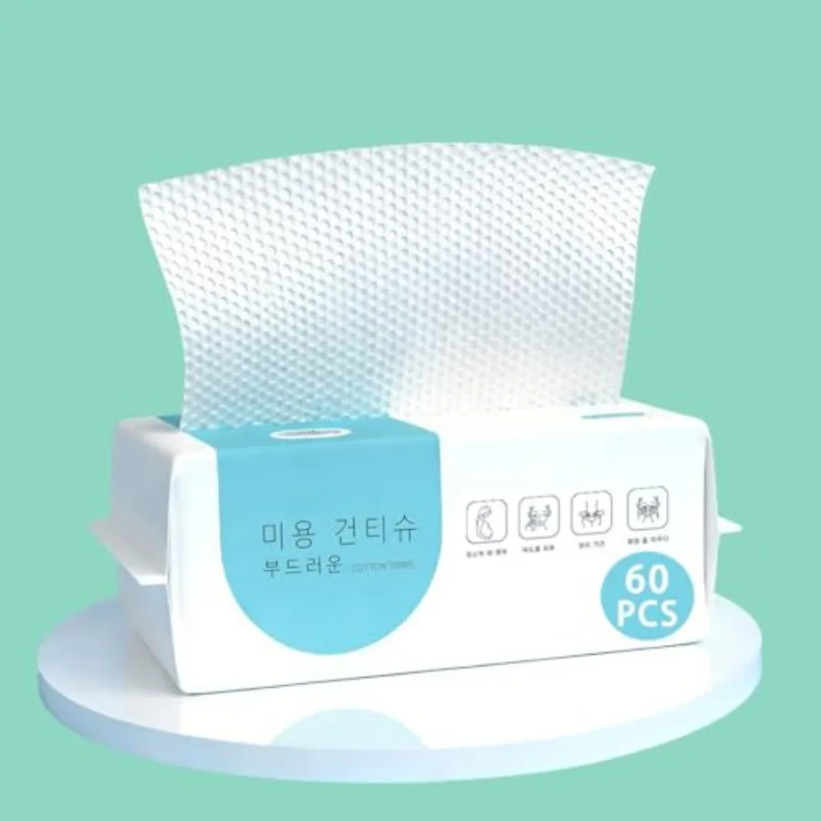 60 Count Disposable Face Towels, Cotton Tissue, Biodegradable Facial Cleansing Towels, Ultra Soft Cloth for Sensitive Skin, Mak