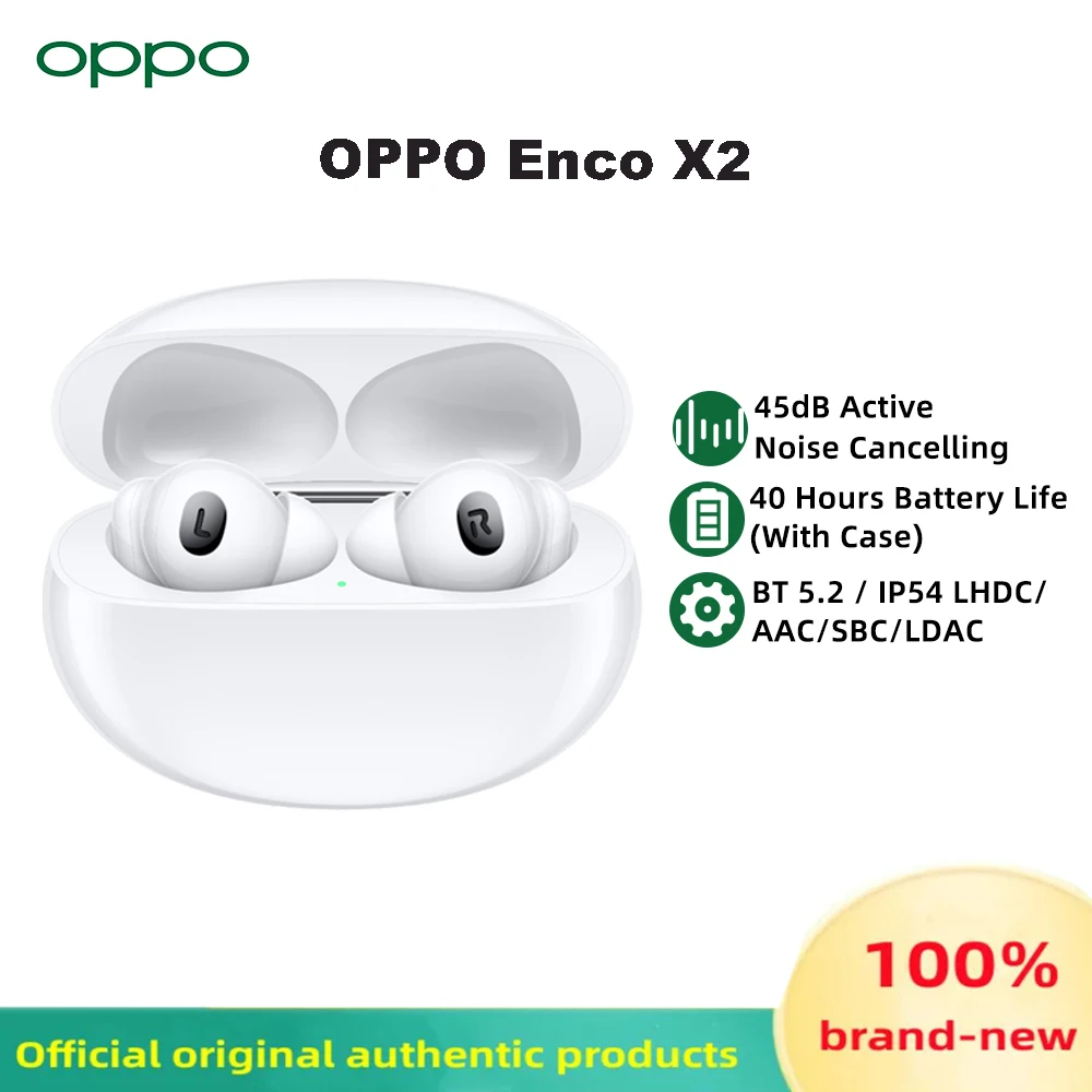 Original OPPO ENCO X2 TWS Wireless Earphone Bluetooth 5.2 Active Noise Cancelling Qi Wireless Charging Headphone LHDC Earbuds