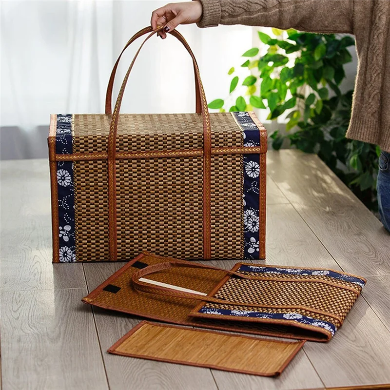 Cesta de armazenamento de vime para piquenique, alça dobrada para compras de frutas, alça de comida, rattan, grama, cesta de bambu dobrável