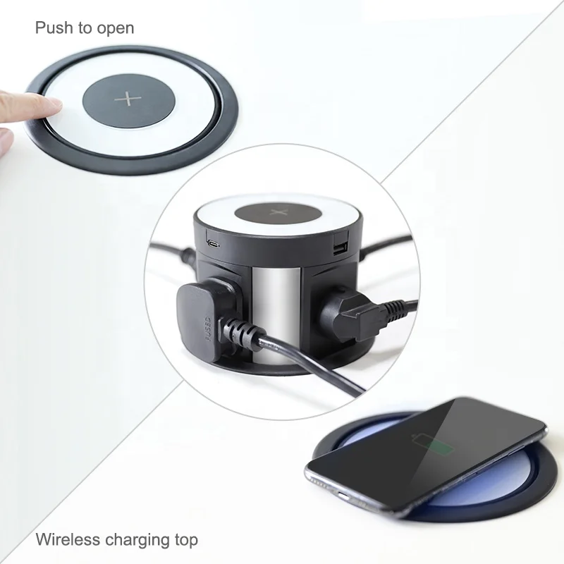 Automatic Retractable Pop Up Socket Power Strip with Wireless Charger