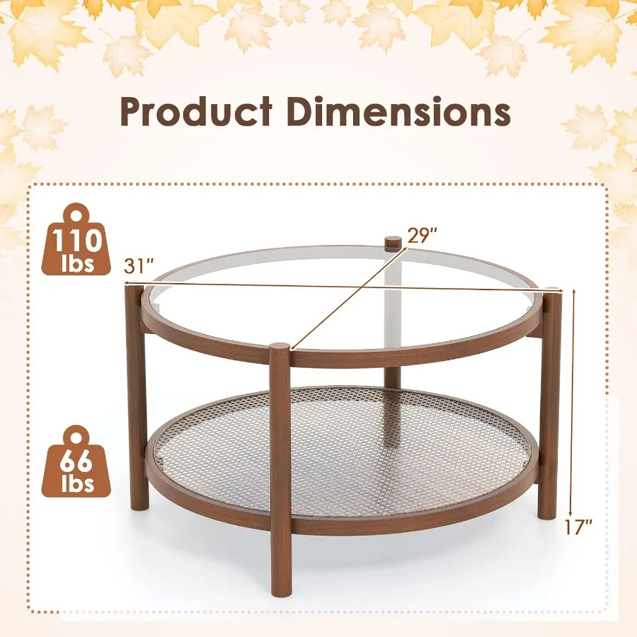 Boho living room coffee table for apartment and small space: PE rattan + wood frame, 2-tier glass top with storage shelf, natur