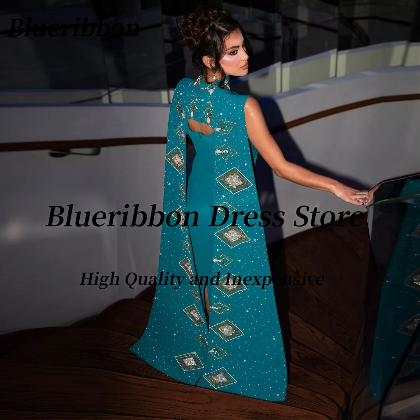 فساتين سهرة فاخرة من Blueribbon للنساء مخصصة مطرزة بياقة عالية يلتف في دبي فستان طويل للحفلات الراقصة #2