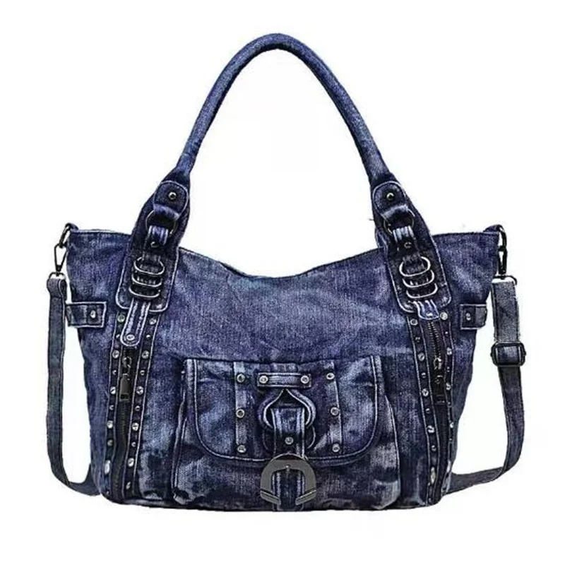 New Retro Washed Denim Women Shoulder Bag Jeans Purses and Handbag with Rivet Ring Casual Tote Hobo