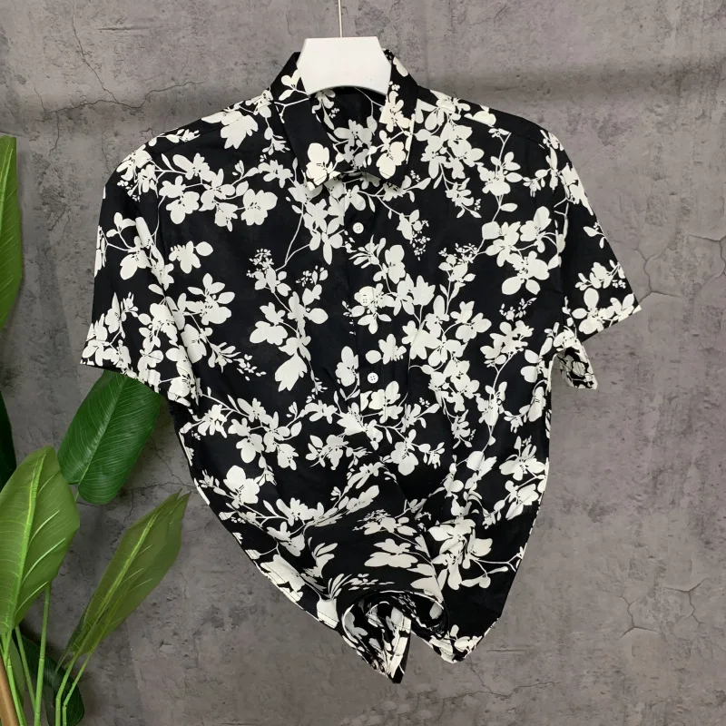 High-end  new summer big floral short-sleeved shirt for men, stylish casual half-sleeved shirt, trendy brand top