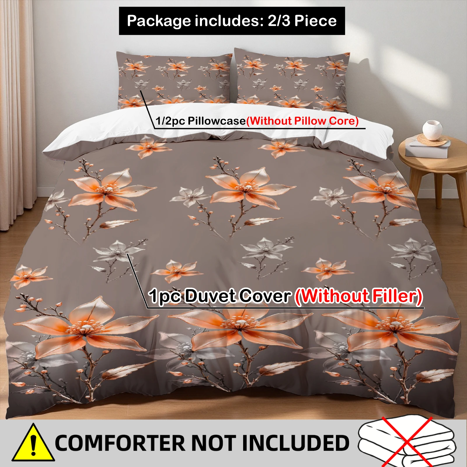 3PCS Duvet Cover Set Warm Orenge Flowers Branches Printed Duvet Cover With Pillowcases Single Twin Queen Size Bedding Set