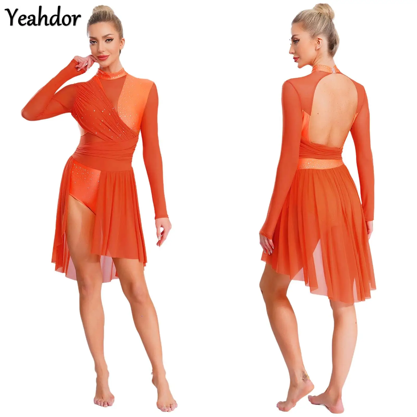 

Women Modern Contemporary Dance Costume Rhinestone Long Sleeve Backless One Piece Ballet Leotard Dress Skating Lyrical Dancewea