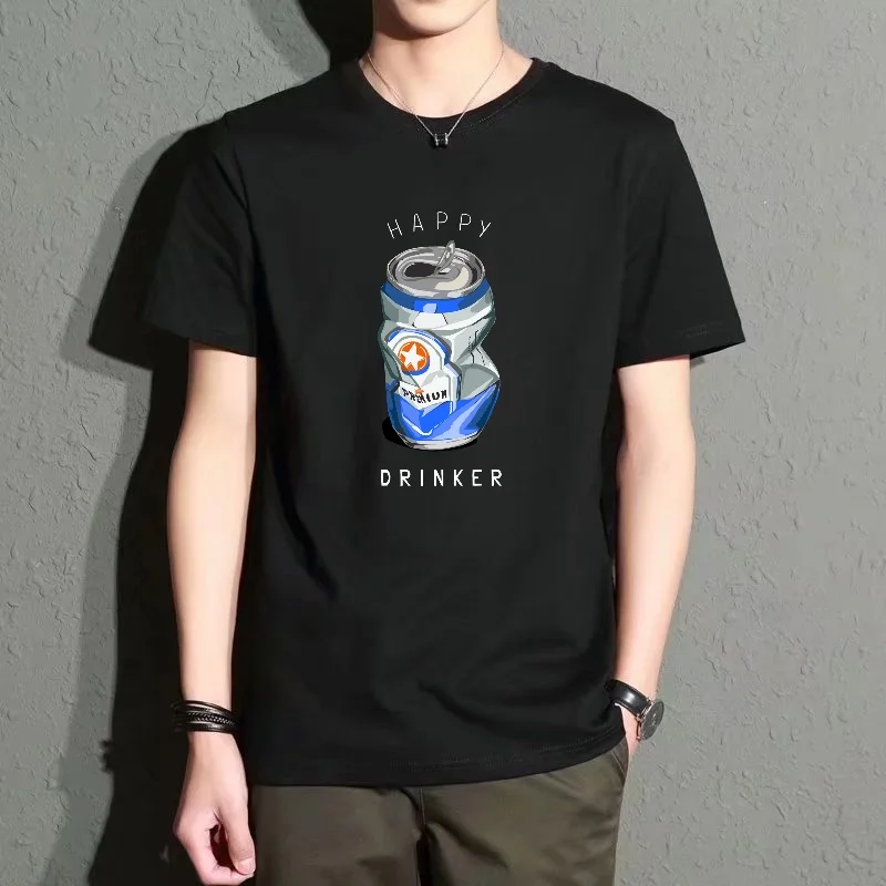 

Men's Black Round-Neck Short-Sleeved T-Shirt with Fun Drink Can Print Pattern, Casual Loose Fit, Trendy Top for Everyday Wear, Comfortable, Breathable, Easy to Match