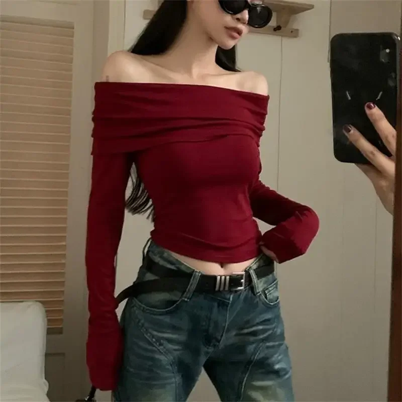 Sexy Tops Off Shoulder Long Sleeve Crop Top Women\'s Autumn/Winter 2024 New Spicy Girl Slim Fit Short Red T-shirt