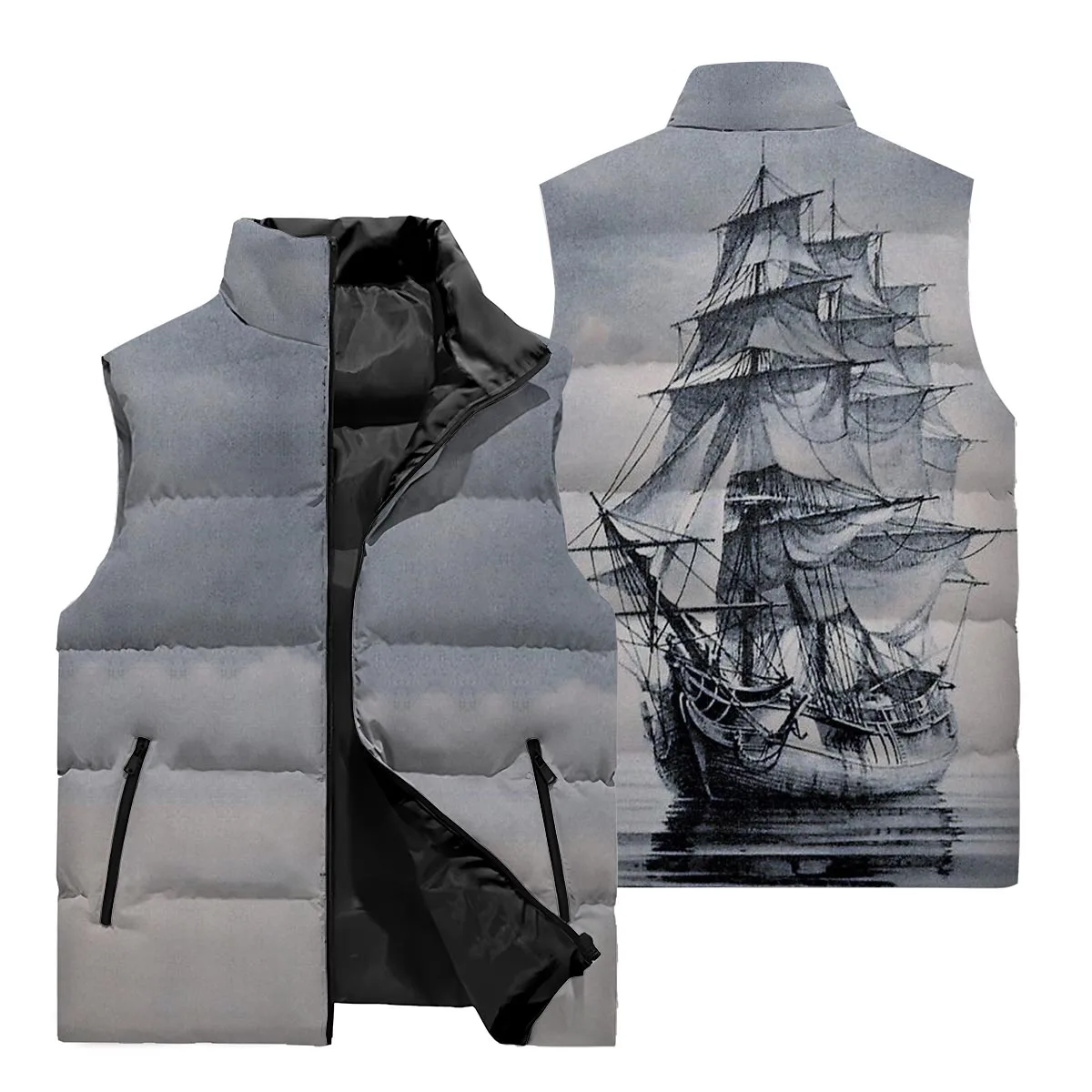 2024 Autumn And Winter New Fashion Synchroized Sailboat Print Style Color Matching Men's Jacket 3D Printed Winter Warmth