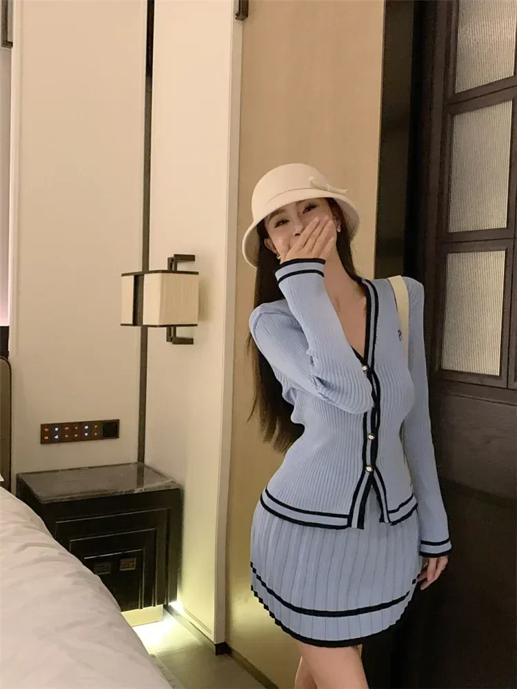 Fashion Knitted 2 Piece Sets Spring Women 2025 BM Style V Neck Sweater Cardigan&Pleated Mini Skirt Blue Grey 2PC Dress Suits