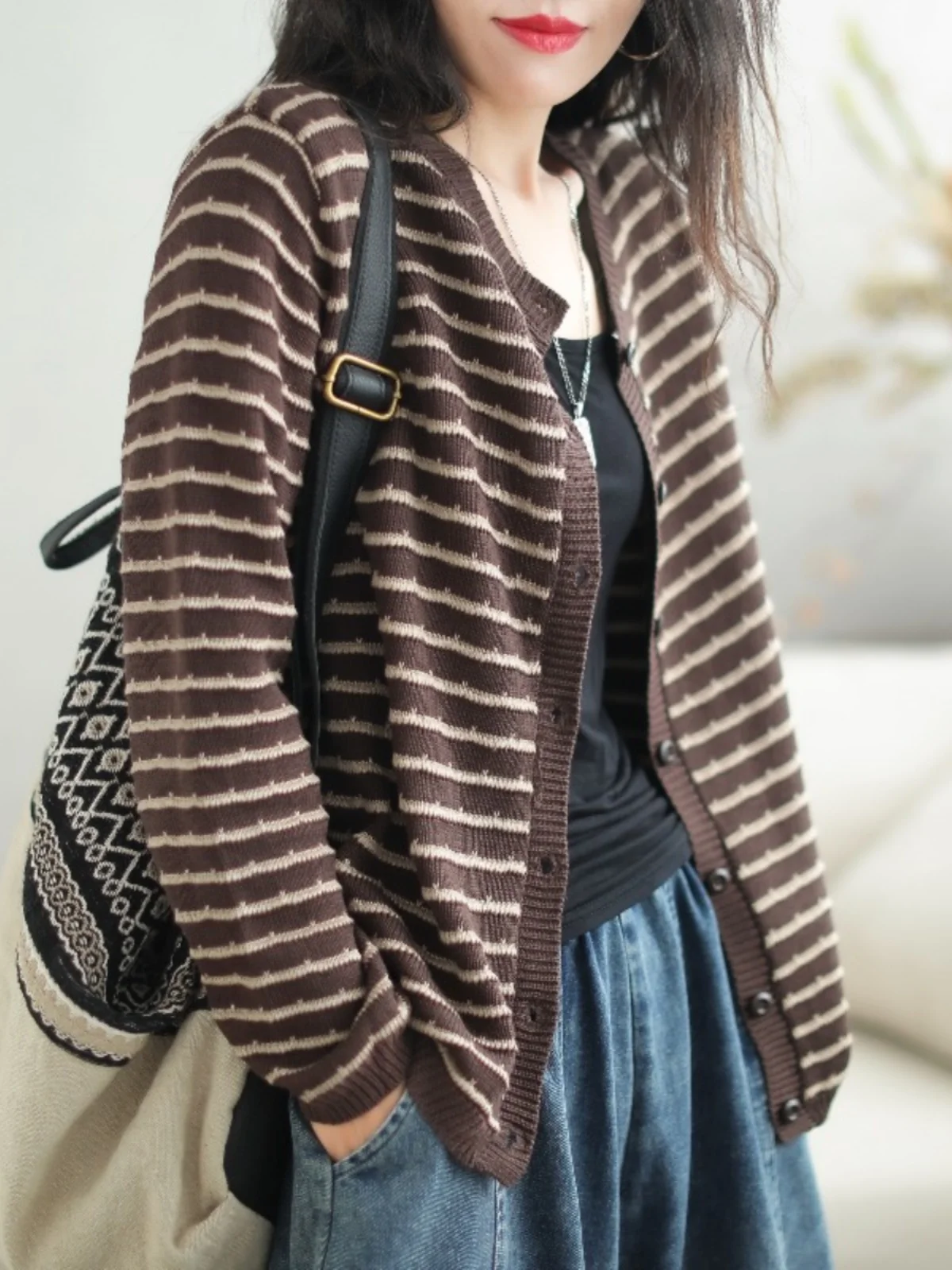 

Women's Knitted Open Cardigan Casual Loose Long Sve Striped Outerwear Vintage Sle Comfortable Fit Button up Sweater Jaet