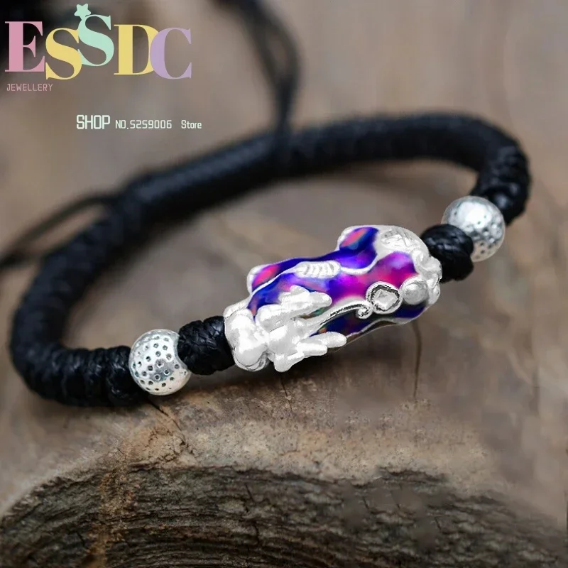 Chinese Dragon Knot S999 Silver Temperature Sensitive Discoloration Pixiu Charm Hand Woven Men's New Style Bracelet Wholesale