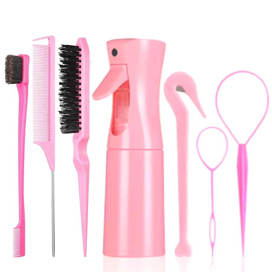 

7pcs/set Hair Beauty Accessories Bristle Rat Tail Edge Comb Eyebrow Brush Braiders Ponytail Creator Water Sprayer Styling Set