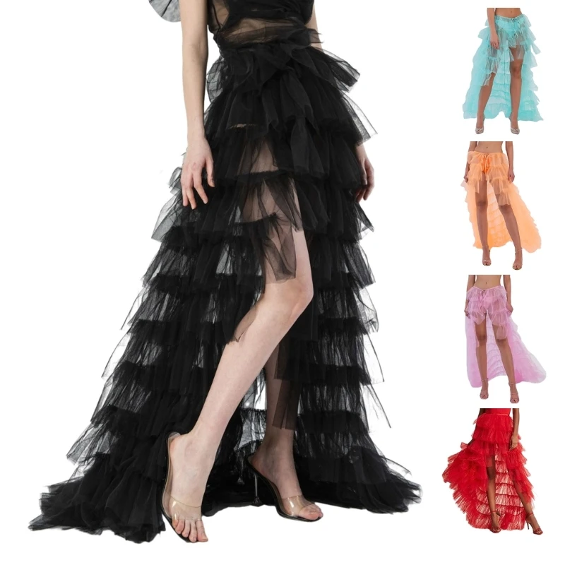 Jupe Maxi longue en Tulle, superposition détachable, taille haute, en maille à plusieurs niveaux, P8DB