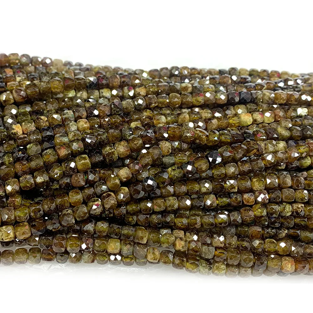 Veemake Natural Tsavorite Yellow Green Garnet Cube Faceted Small Beads For Jewelry Making Crystal Gemstones 08474