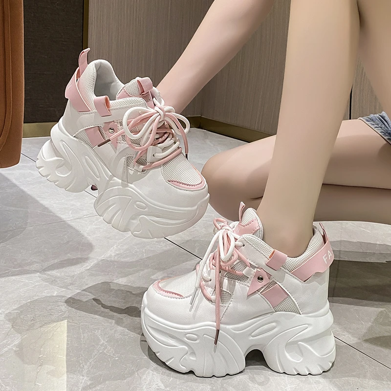 10.5CM Women Platform Sneakers Lace-up Autumn Sports Dad Shoes High Top Chunky Casual Shoes Woman Thick Bottom Mesh White Shoes