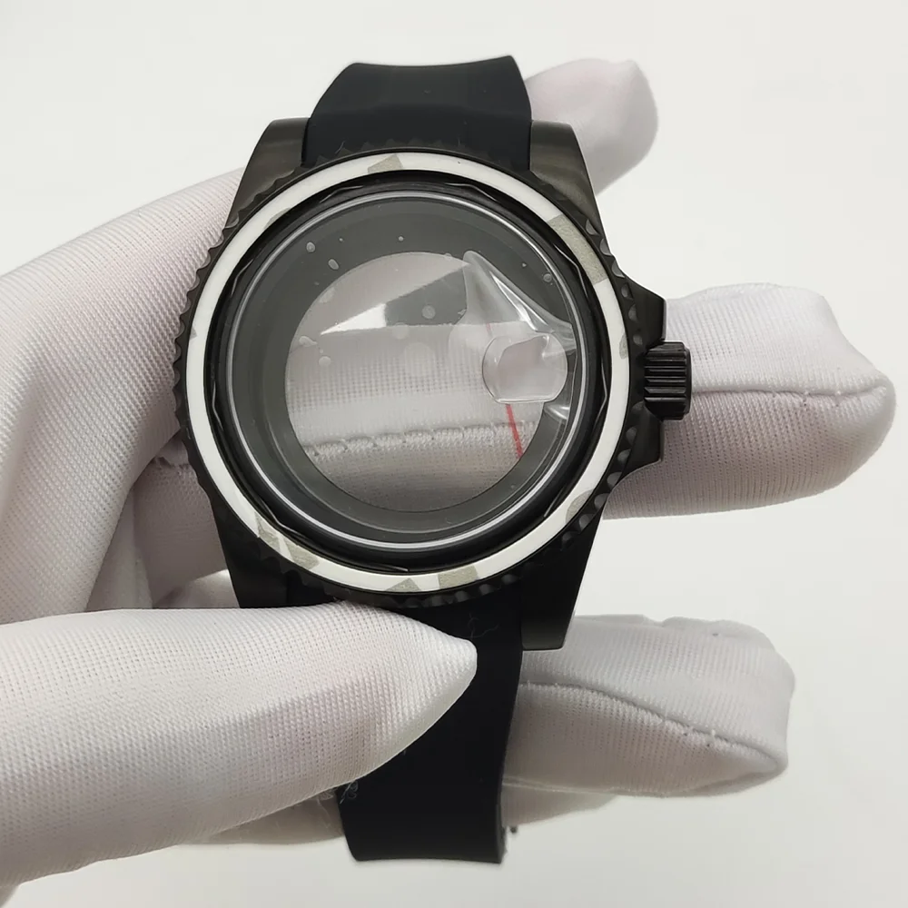 Мужские механические часы NH35 с зеркальным стеклом и увеличенным календарем и окошком, резиновый ремешок, черный цвет, аксессуары для часов