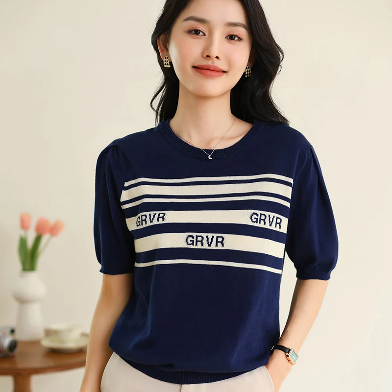 

Summer Women's 100% Pure Cotton Short Sleeve T-shirt O-neck Casual Pullover Basic Top with Letter Print
