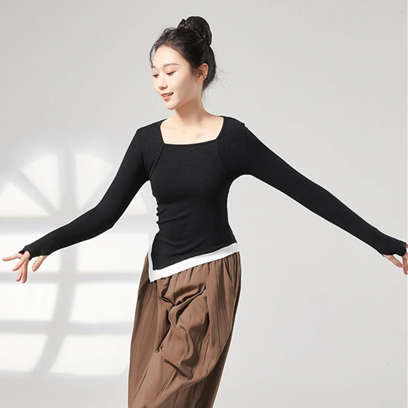 Women Dance Top Long Thumb Finger Sleeve Shirt Modern Stage Training Costume Autumn Square Neck Elegant Lyrical Dancewear Blouse