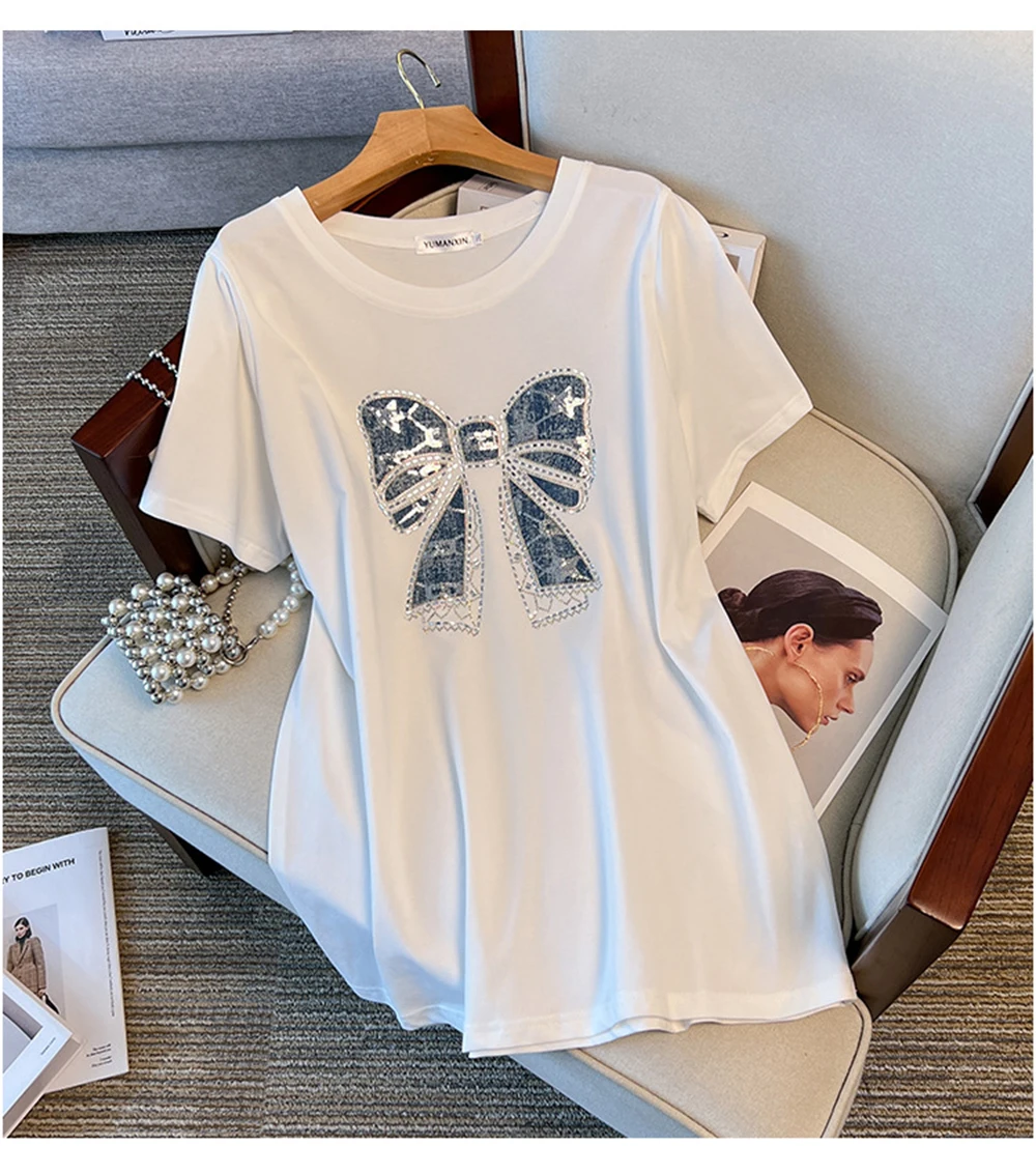 Plus Size Tee Shirt Summer Spring New Fashion New Fashion Design Beading Sequined Bow Loose O-Neck Casual Top Short Sleeve