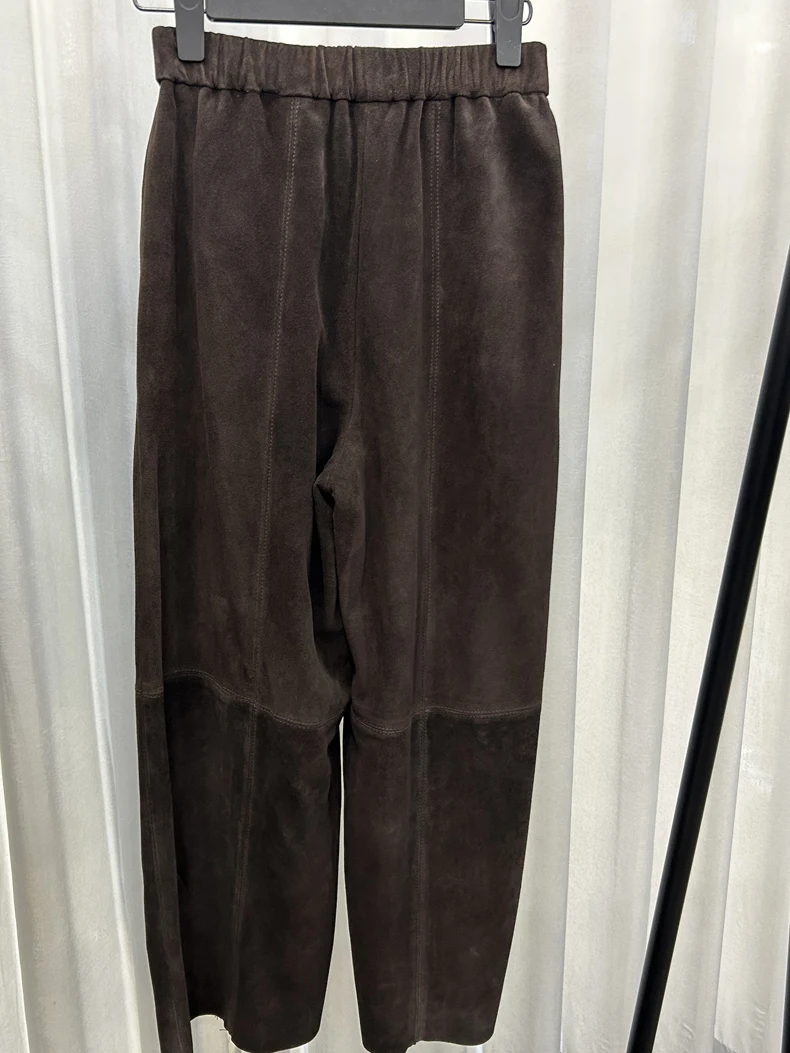Retro 2025 Leather Ankle-Length Pants Women Elastic Waist Suede Sheepskin Wide Leg Length Straight Cylinder Trousers Black brown