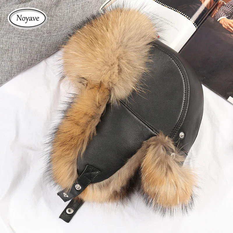 Men Hats Winter Natural Real Fox Fur Bombers Hats Outdoor Warm Soft Luxury Fashion Raccoon Fur Cap Real Sheepskin Leather Hat