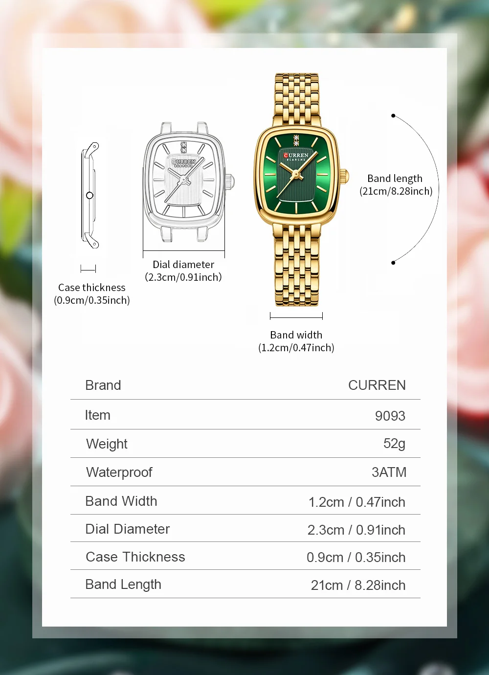 Curren 9093 Damen-Quarzuhr, wasserdicht, luxuriös, Party-Damenuhr, elegantes goldenes rechteckiges Zifferblatt, Quarzuhr, Armband, Geschenk – Detail 5
