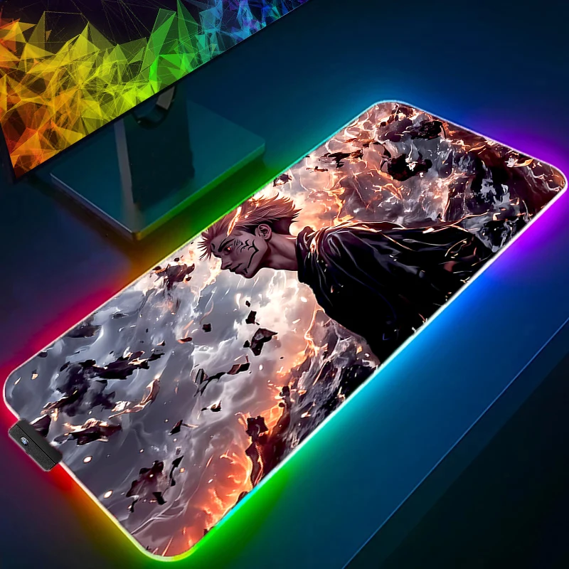 لوحة ماوس أنيمي ألعاب RGB LED J-jujutsu Kaisen Sukuna Yuji ماوس الوسادة حصيرة مكتبية Playmat الكمبيوتر والمكتب لوحة المفاتيح